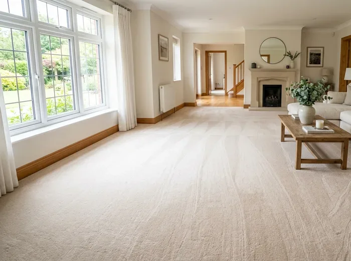 Living room floor with an even clean finish after floor care
