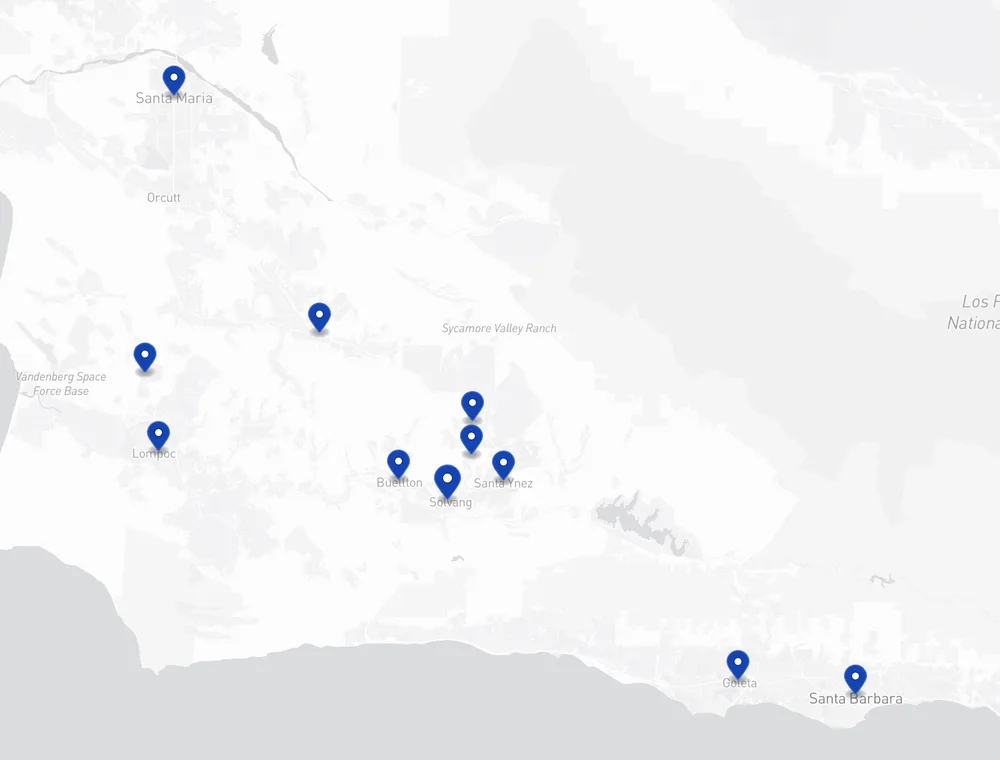 Rafael Ruiz Carpet Cleaning service area map covering the Santa Ynez Valley